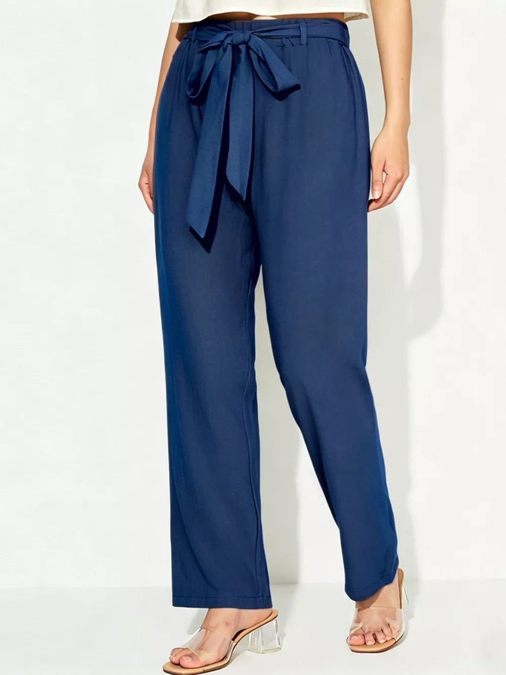 Blue maternity pants with adjustable tie waist and relaxed wide leg