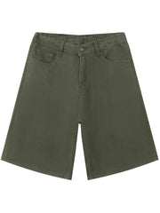 Army green textured denim bermuda shorts with elastic waistband and button closure.