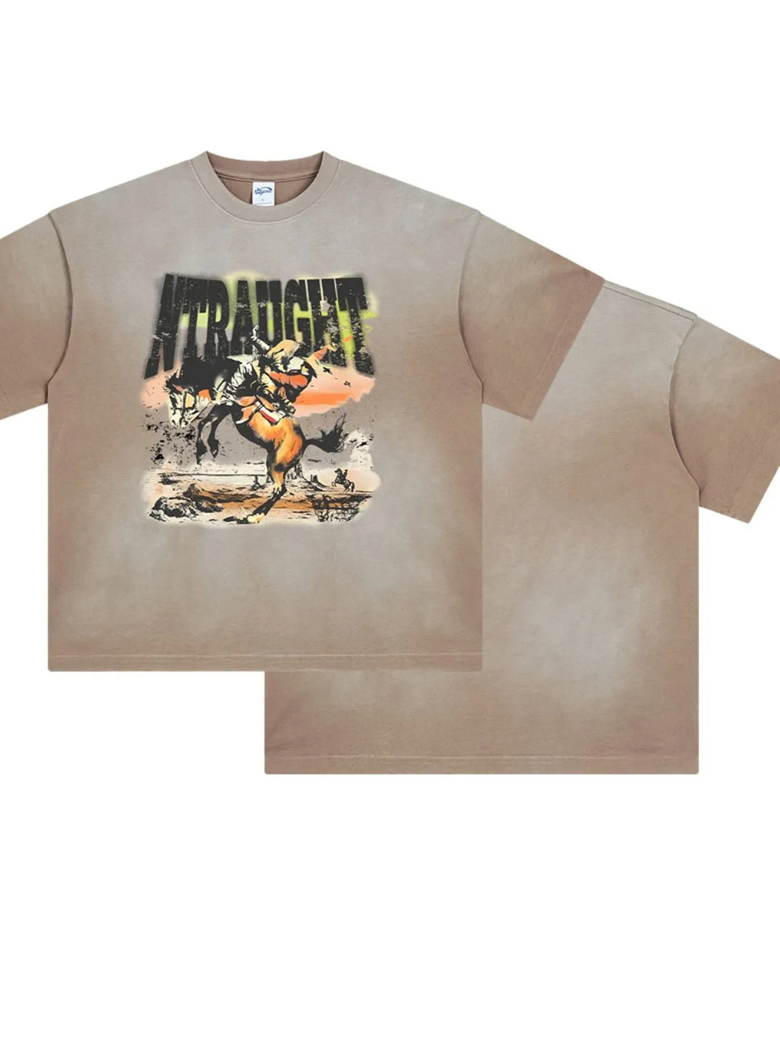 Vintage graphic oversized tee in khaki with a cowboy on a bucking horse and the word STRAUGHT.