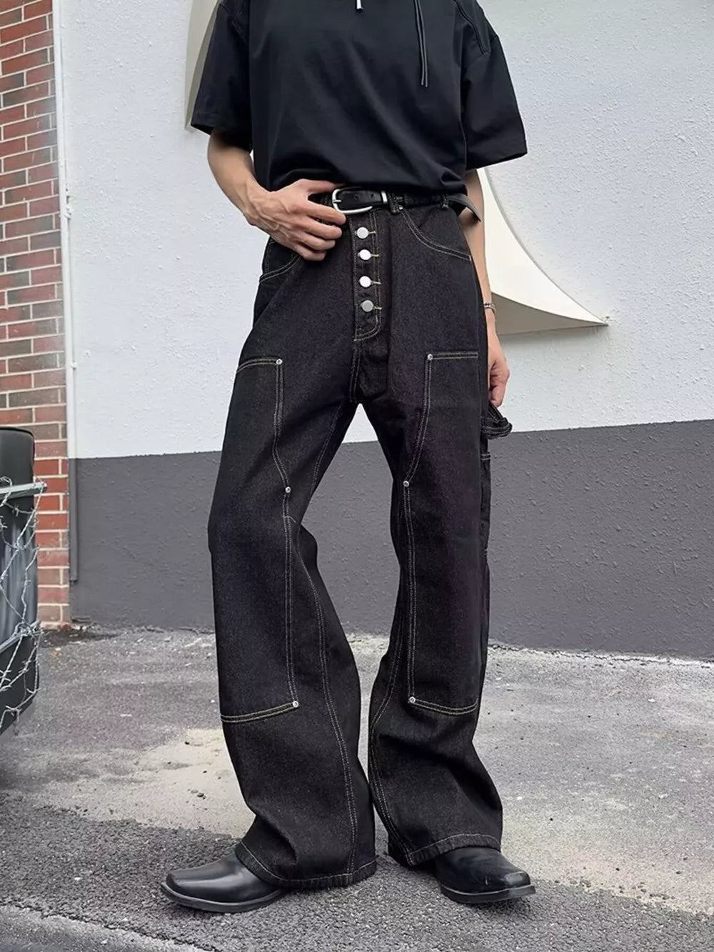 Dark wash 100% cotton wide leg jeans with button fly and contrast stitching.