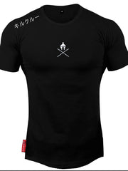 Black muscle fit tee with Spartan graphic and Japanese text detail.