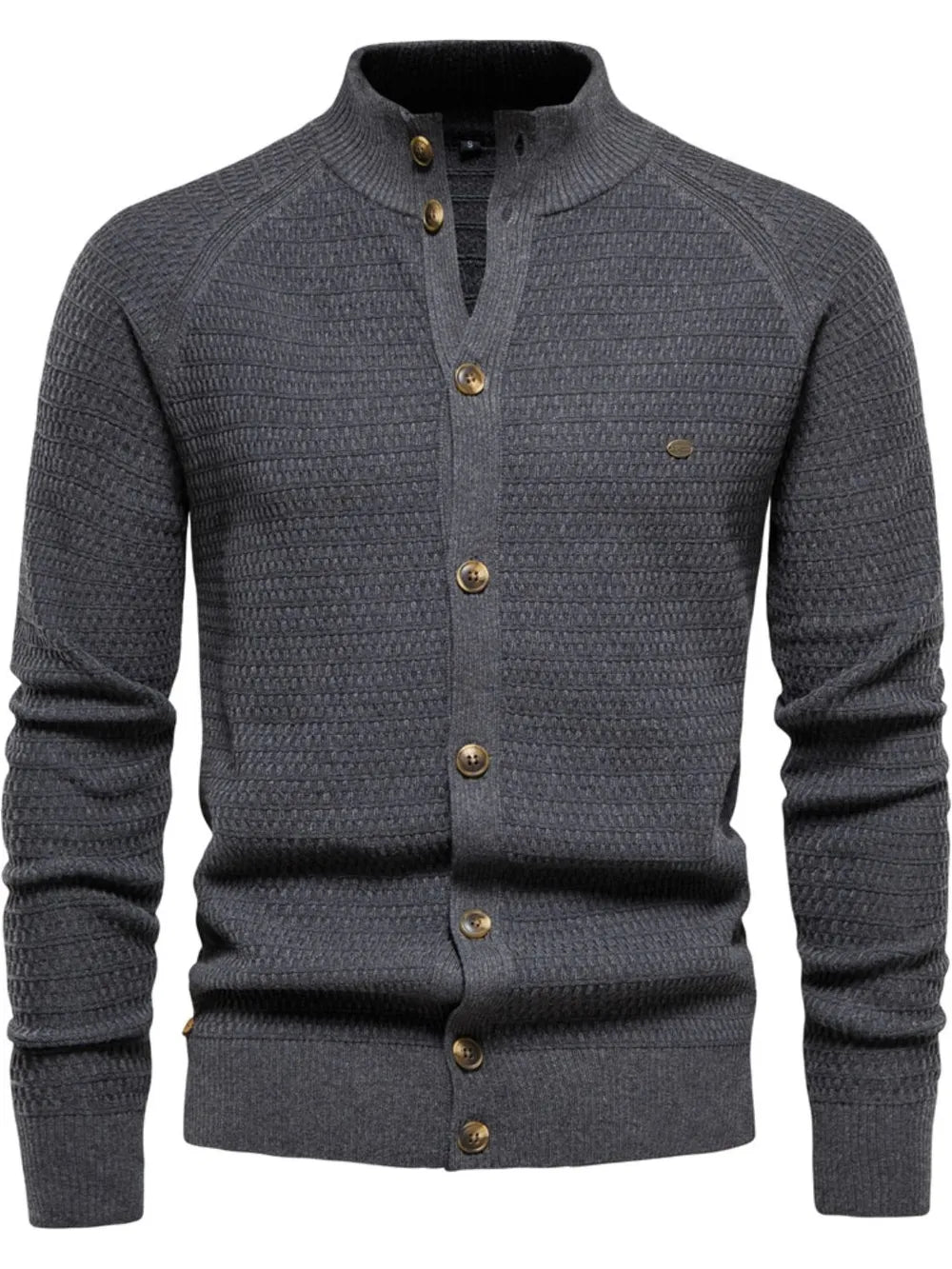 Dark Gray textured knit stand collar cardigan with button closure