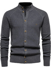 Dark Gray textured knit stand collar cardigan with button closure