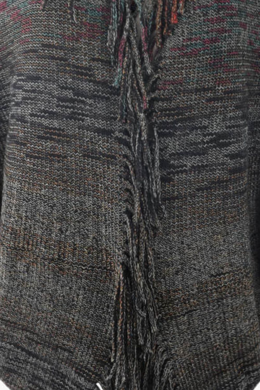 Textured knit cape in gray with colorful threads and fringe detail