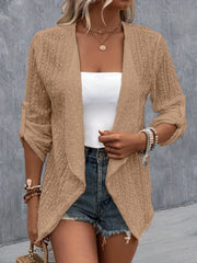 Camel open-weave cardigan with draped front and rolled sleeves