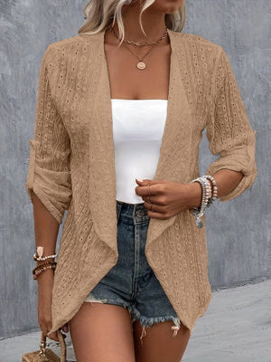 Camel open-weave cardigan with draped front and rolled sleeves