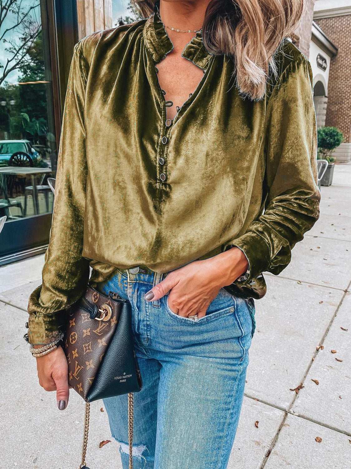 Olive velvet blouse with mandarin collar and button detail