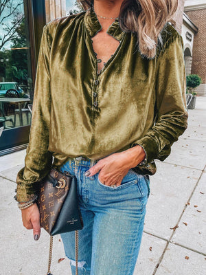 Olive velvet blouse with mandarin collar and button detail