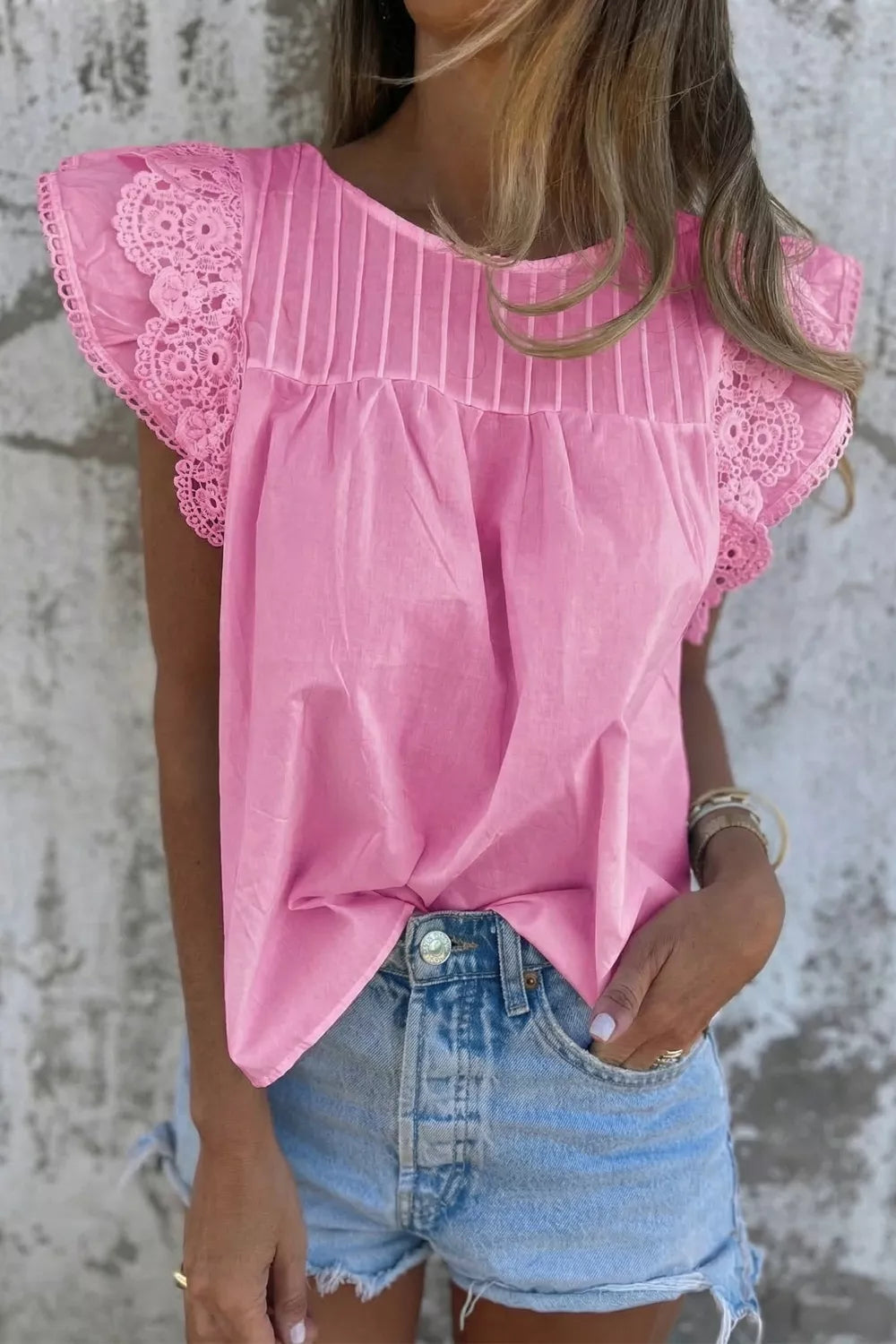 Pink cotton shirt with lace flutter sleeves and pintuck detail