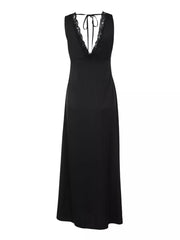 Black lace-trimmed sleeveless maxi gown with a deep V-neck and tie back.