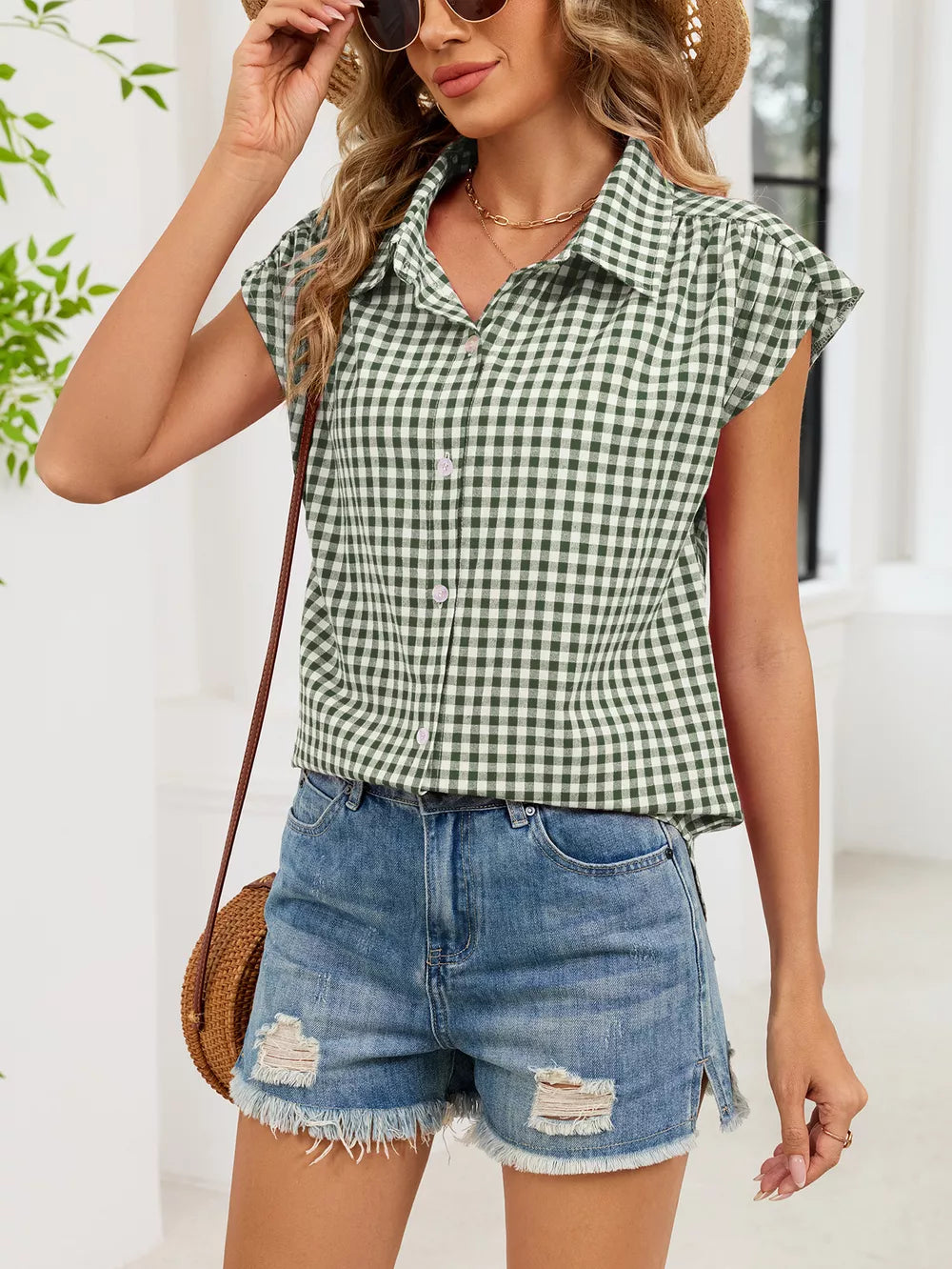 Plaid Button Up Cap Sleeve Shirt, back view