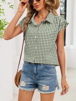 Plaid Button Up Cap Sleeve Shirt, back view