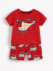Red cotton toddler outfit with police helicopter and car graphics.
