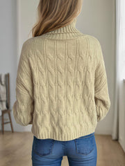 Oversized caramel cable knit turtleneck sweater with ribbed details.