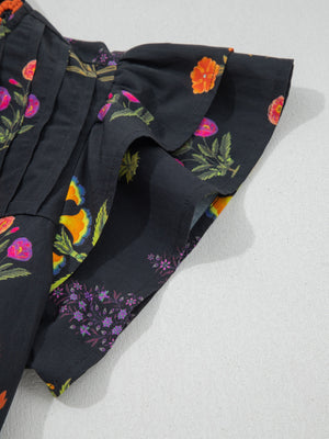 Black floral print cotton maternity shirt with V-neck and frill detail sleeves.