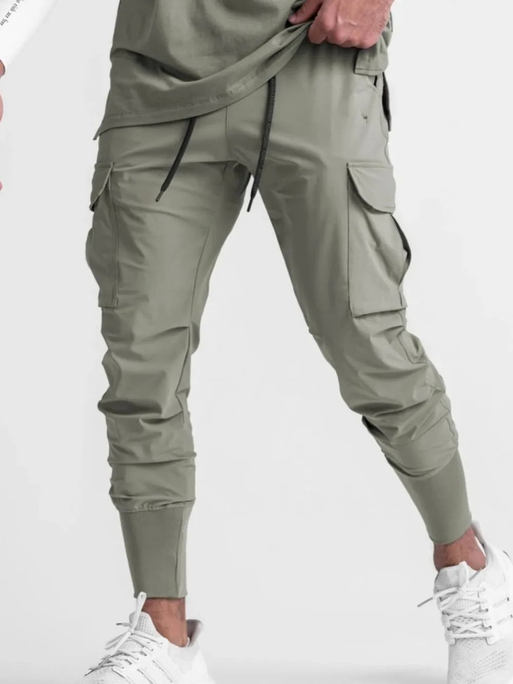Sage technical cargo joggers with ribbed cuffs and drawstring waist