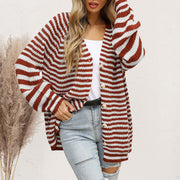 Wide stripe button-up knit cardigan in chestnut and white acrylic with button details.
