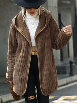 Textured teddy hooded open coat in sand with a relaxed fit and contrast trim.