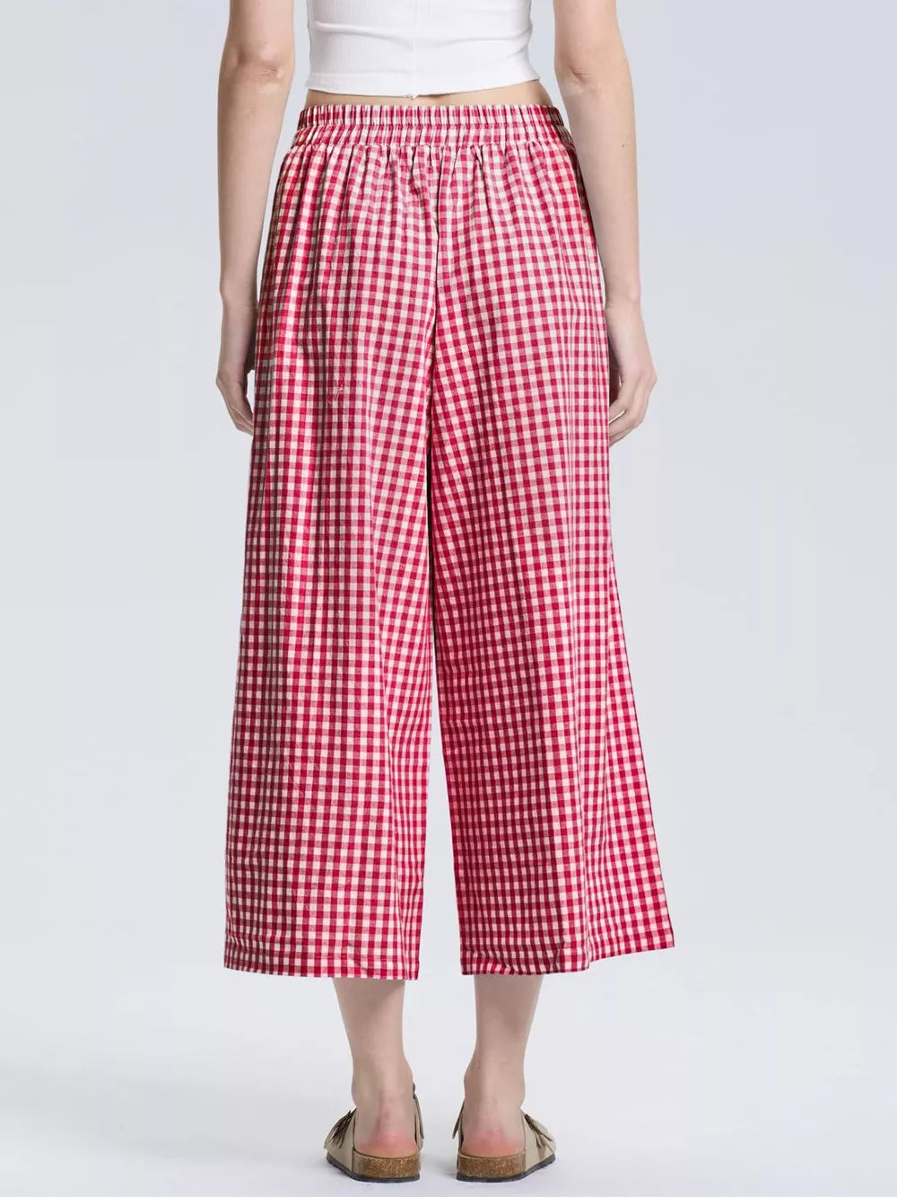 Rose red gingham check maternity wide-leg pants with elastic waist