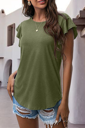 Matcha green t-shirt with ruffled short sleeves and a crew neck, styled with ripped denim shorts.