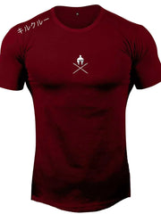 Burgundy muscle fit tee with Spartan helmet graphic and Japanese text detail.