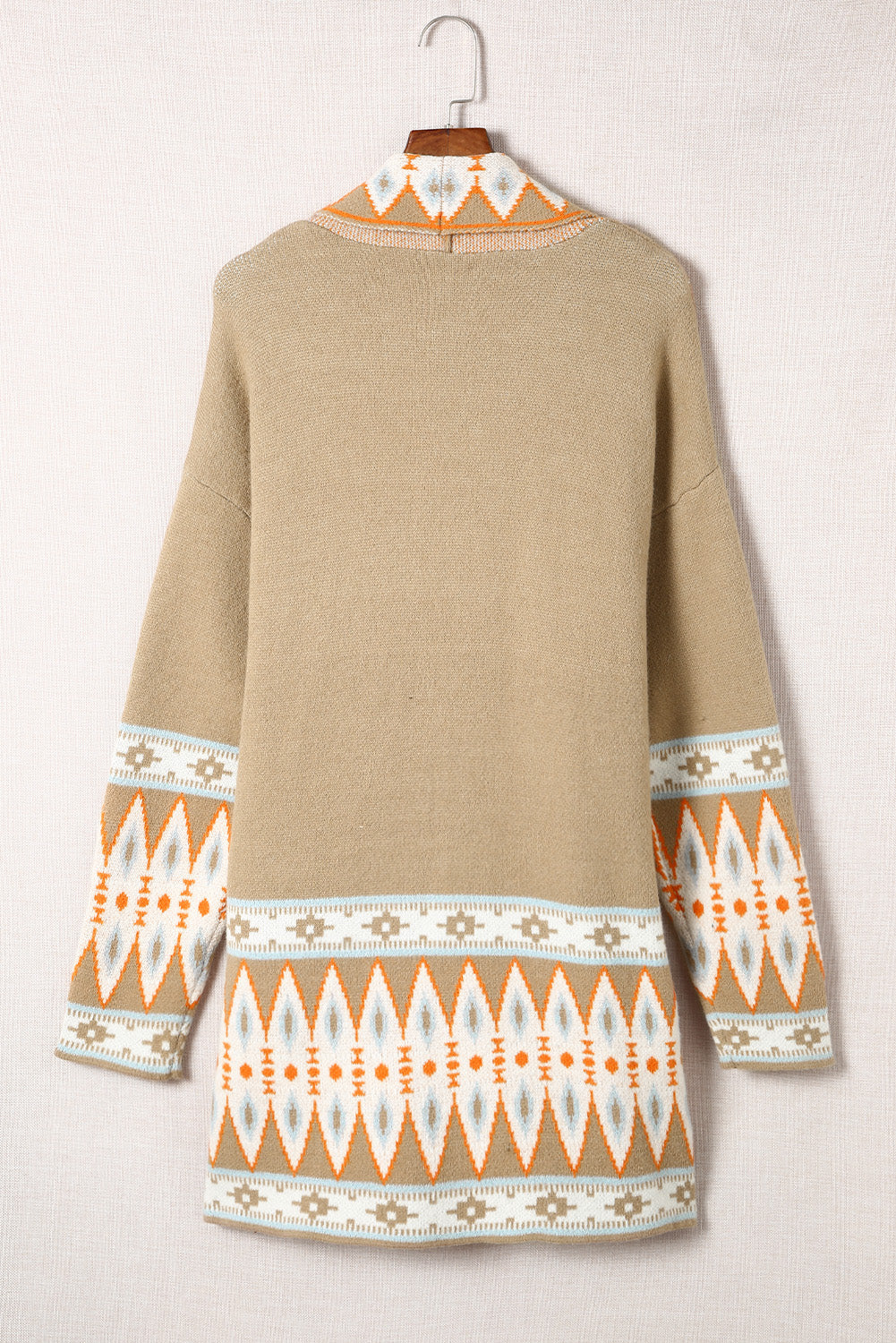 Khaki open-front knit cardigan with geometric trim on collar and sleeves.