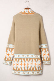 Khaki open-front knit cardigan with geometric trim on collar and sleeves.