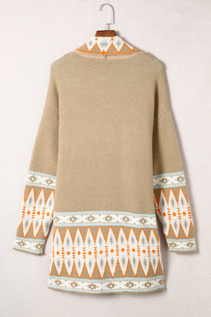 Khaki open-front knit cardigan with geometric trim on collar and sleeves.