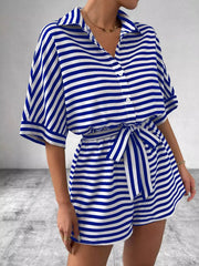 Striped Button Front Half Sleeve Romper in Dark Blue, fabric detail