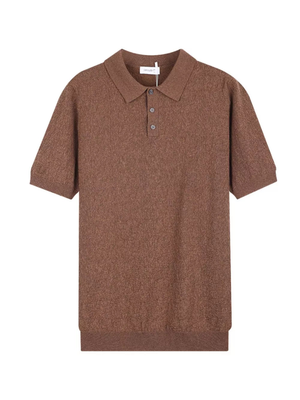 Brown short-sleeve cotton blend polo with button detail and classic collar