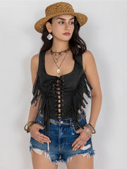 Black suede fringe corset vest with lace-up front detail and boho styling.