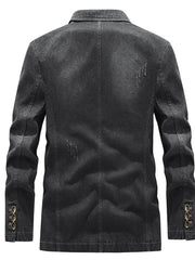 Men's black denim blazer with distressed details and button cuffs.