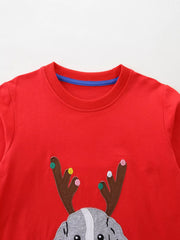 Red Christmas dog and reindeer outfit for baby with applique detail.