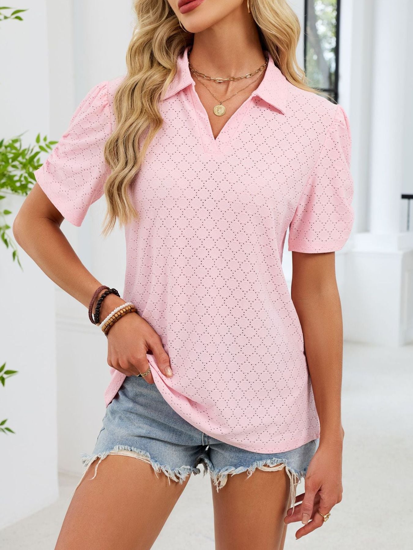 Pink eyelet ruched short sleeve blouse with collar and v-neck