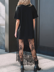 Black t-shirt maxi dress with sheer floral lace skirt and short sleeves.