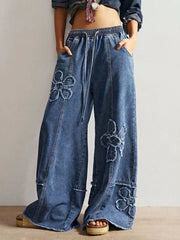 Distressed Floral Appliqué Wide-leg Jeans