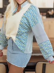 Floral Striped Drop Sleeve Collared Sweatshirt in Cream, editorial view