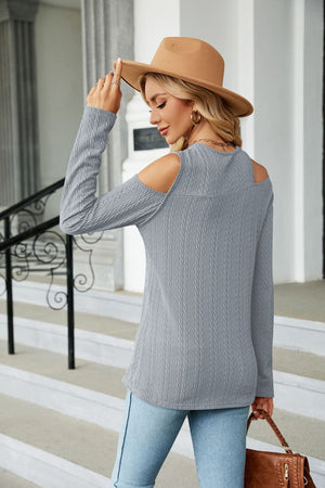 Textured knit cold-shoulder top in Cloudy Blue with long sleeves and a casual cut.