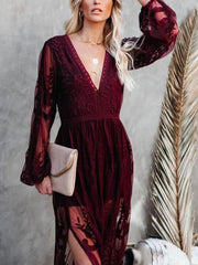 Burgundy floral lace maxi dress with V-neck, long sleeves, and a thigh slit.