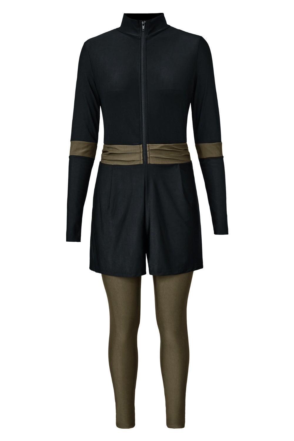 Black sporty one-piece swimsuit with zip detail, shorts, and long sleeves.