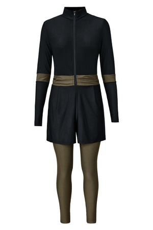 Black sporty one-piece swimsuit with zip detail, shorts, and long sleeves.
