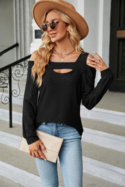 Black textured open shoulder blouse with keyhole neckline and long sleeves