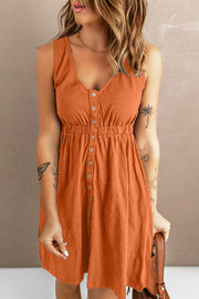 Gathered waistline button-down mini dress in Pumpkin Spice with V-neck and sleeveless design.