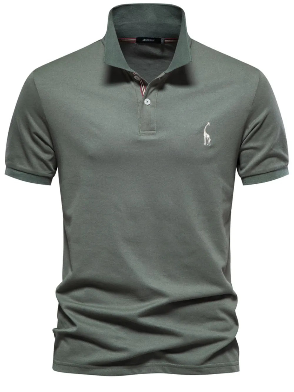 Moss green piqué polo shirt with giraffe embroidery and striped collar detail.