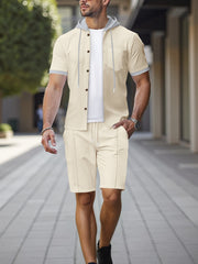 Khaki casual hooded set with short-sleeve button-up shirt and drawstring shorts.