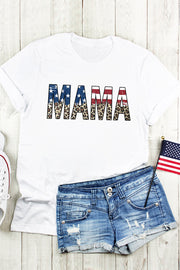 White cotton blend graphic tee with patriotic Mama print and leopard accents.