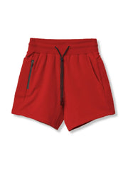 Deep Red performance fleece jogger shorts with drawcord and zippered pocket.