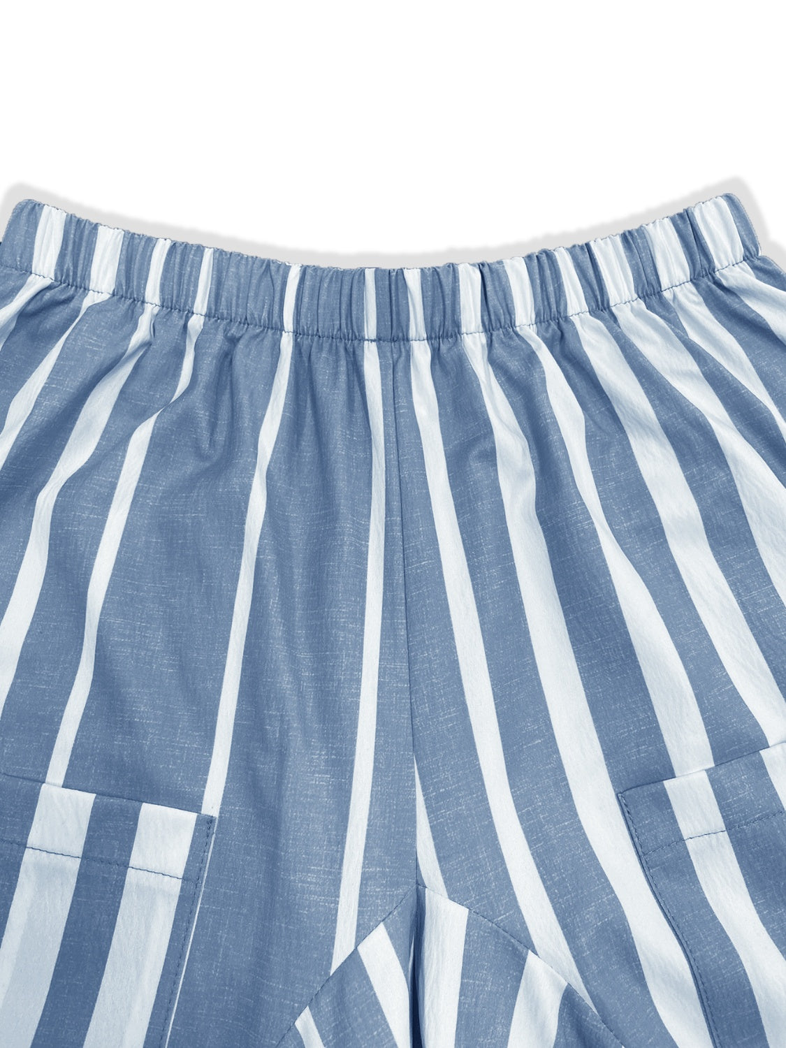 Light blue and white striped palazzo trousers with elastic waist and patch pockets.