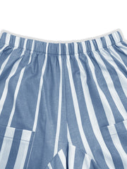 Light blue and white striped palazzo trousers with elastic waist and patch pockets.