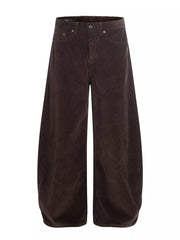 Brown corduroy wide-leg pants with button fly and adjustable waist